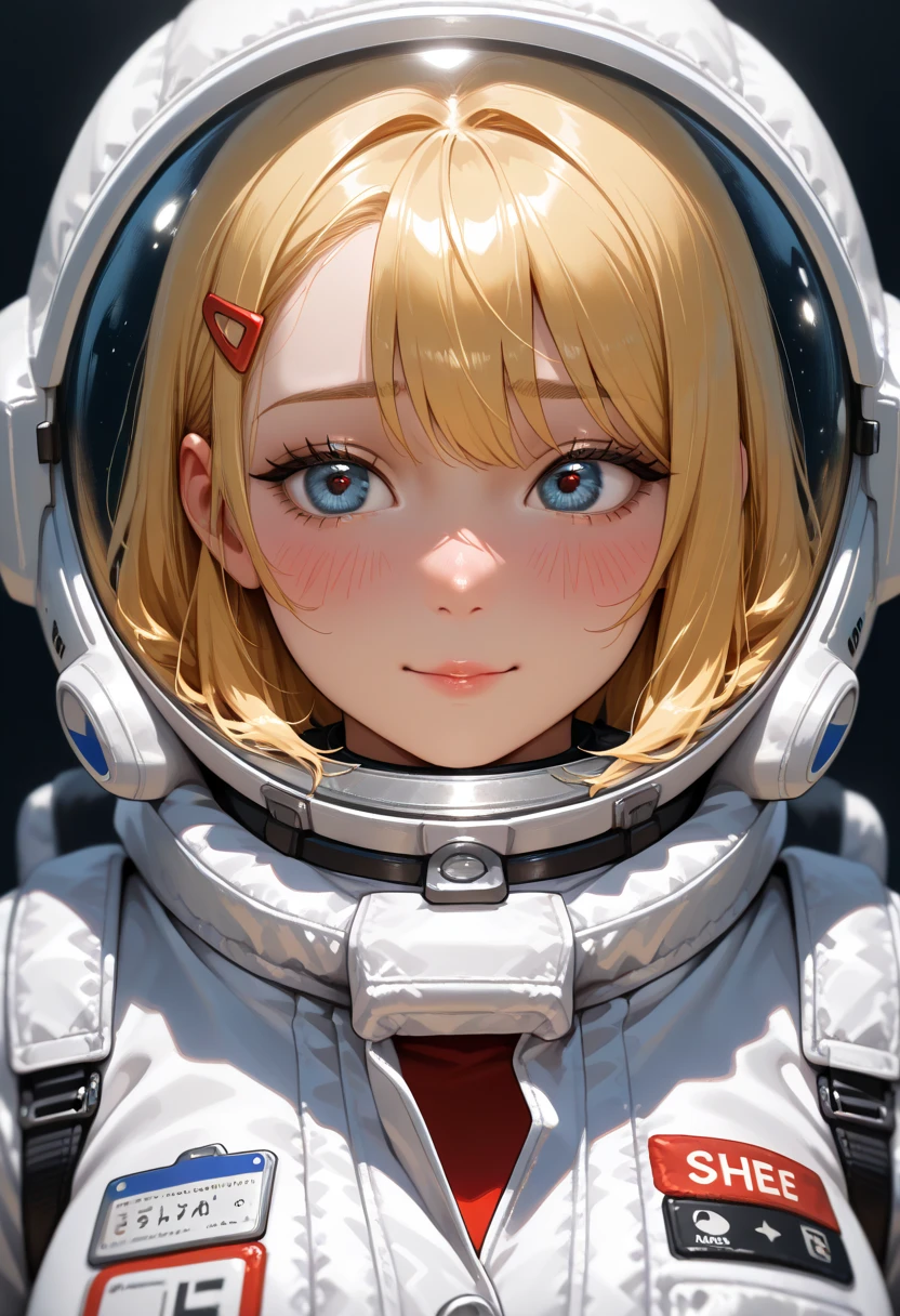female, BLONDE in the guise of an astronaut,  She's shy , in an unbuttoned spacesuit , detailed eyes, huge saggy juicy  are slightly covered, close-up
