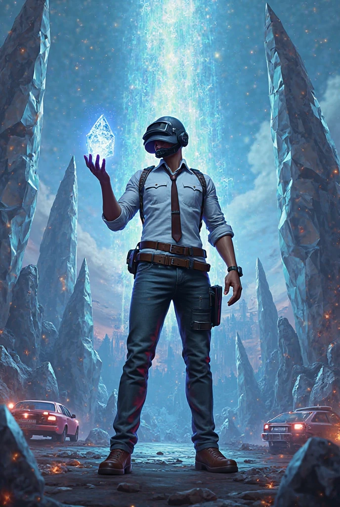 A pubga player holding a crystal and a kristall sign, crystal background with cars and castle