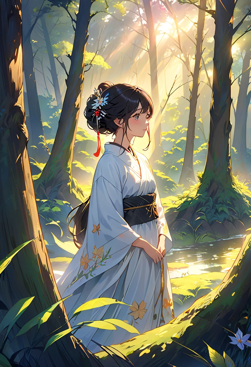 Create awe-inspiring digital art that captures the tranquil beauty of an ancient forest at dusk. そびえ立つtree々 bathes in soft light that captures the quiet beauty of an ancient forest at dusk , tree々Golden light shining through, Casting a gentle shadow on the lush undergrowth. The image must evoke a sense of serenity and surprise, Immerse your audience in the fascinating world of nature.