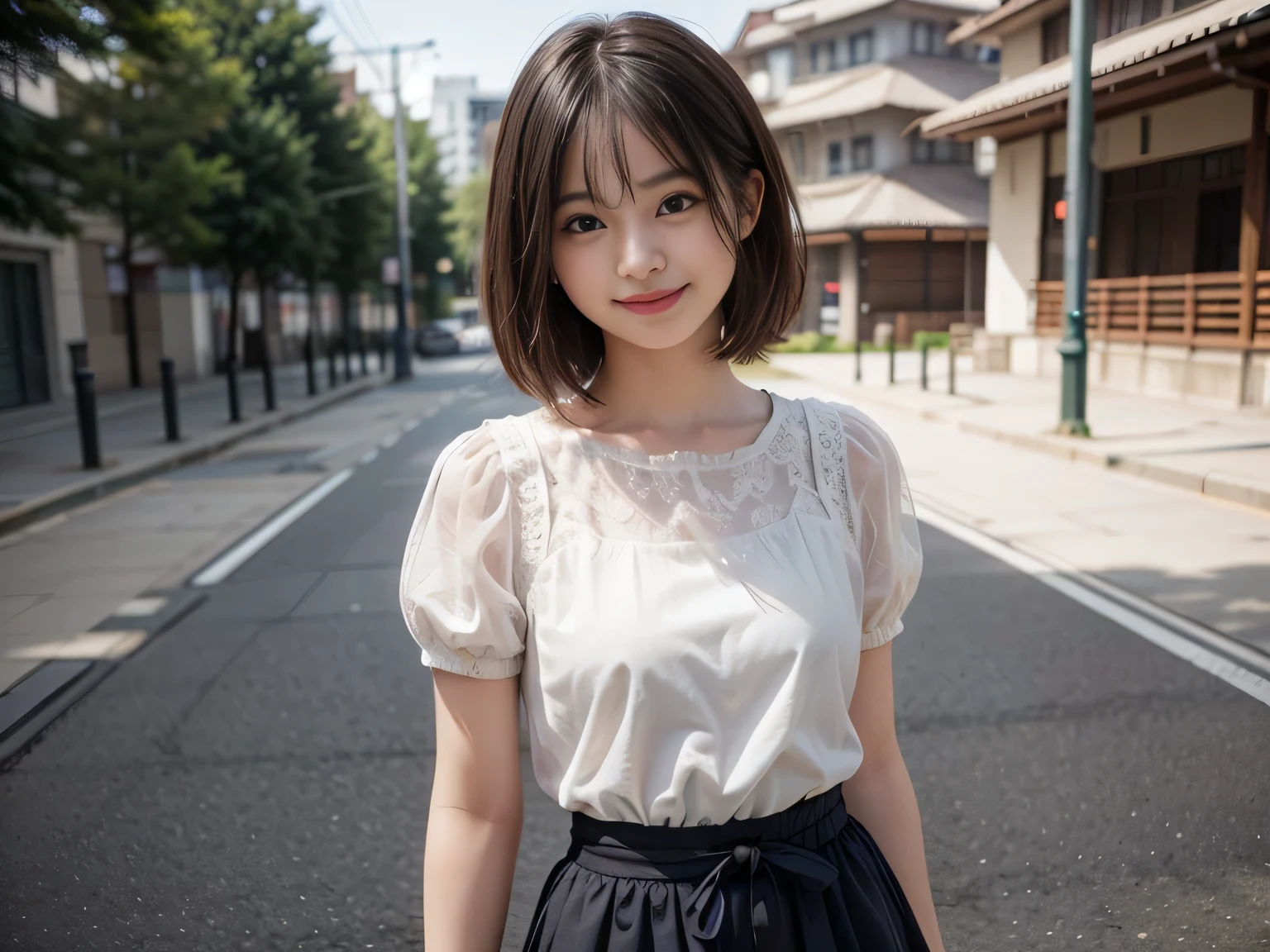 pale pink t-shirt, jeans, (small breasts, election of nipples:1.2), natural lighting, 8k, RAW photo, best quality, masterpiece, realistic, photo-realistic, clear, beautiful face, no makeup, best quality, ultra high res, BREAK, Japanese cute girl, 14 years old, (extra short hair, mash hair:1.3), smile, standing, (black eyes, black hair:1.1)