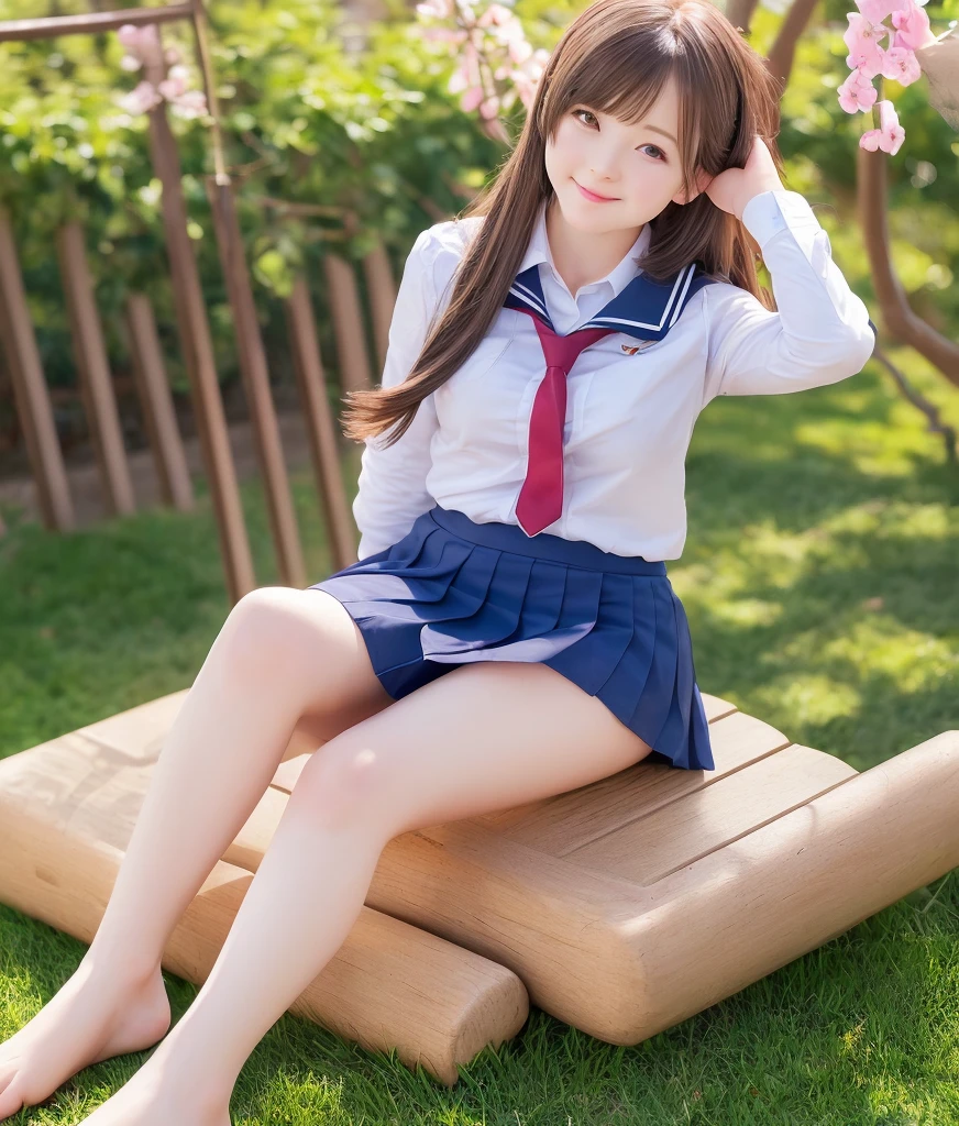 On the meadow lawn、Positive、The front hook is undone, emphasizing her cleavage.、Shy expression、Spread your legs wide with your butt on the ground、((Boldly showing off her white panties))、double eyelid、Perfect Fingers、Perfect proportions、huge、eyelash、Place your heels on the ground、Beautiful and detailed、Super detailed、High resolution、Extremely beautiful、Highest quality、masterpiece、((1 Japanese girl in transparent uniform))、Highly detailed representation、Attention to detail in the exterior、Spreading her legs erotically、(((Dynamic pose)))、((Sit with your knees bent))、Sexy Gaze、Low - Angle、(((Cameltoe visible through thin white panties)))、I can see the crack of her pussy through her panties、Sexy Cameltoe、Sweaty and shiny skin
