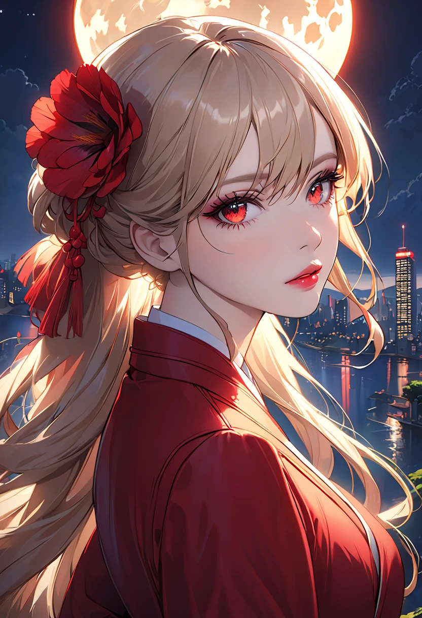 masterpiece, top quality, (単独Focus), (perfect face:1.1), (High detail:1.1), (super detailed eyes), dramatic, 1 person, (pale skin), long blonde, (Red Iris), indivual々Focus, , long hair, moon,  night , Red luxury suit, plump lips, city, detailed background, art by artgerm, cinematic lighting, Red Rose, fashion