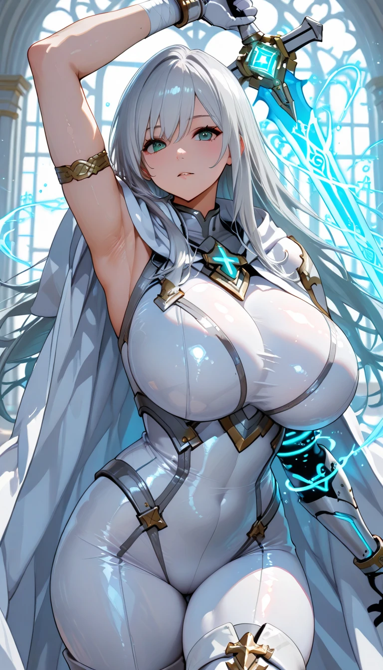 1girl, dark skin, dark-skinned female, white hair, long hair, yellow eyes, large breasts, breasts, thick thighs, wide hips, mature female, milf, tall, tall female, toned, toned female, smile, futurustic, science-fiction, machinery, tech, white clothes, white bodysuit, bodysuit, neon trim, neon, neon lights,