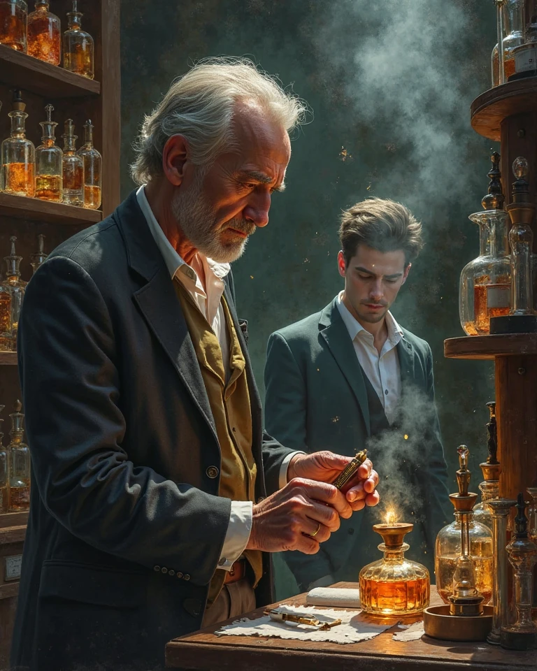 The old perfumer is fascinated by the young man's scent'un parfum.