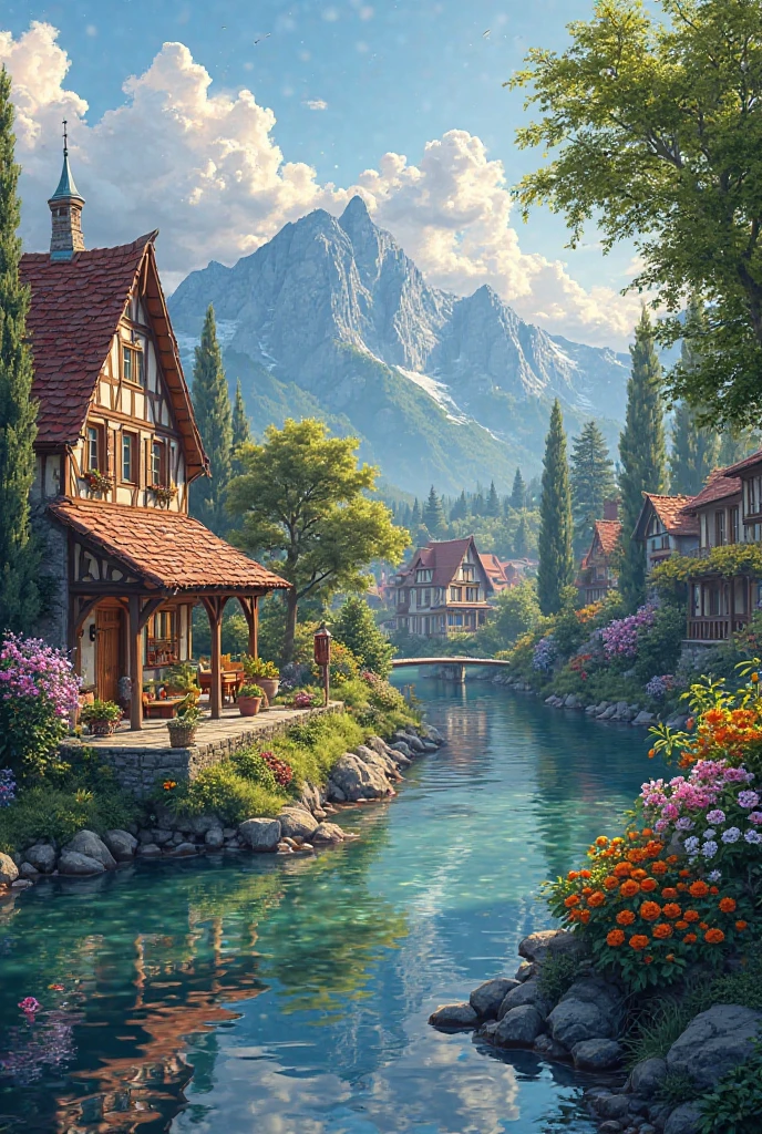  Small village by the river, mountains behind, colorful flowers, detailed landscapes, beautiful natural scenery, atmospheric lighting, scorching sunsets, warm colors, practical photography, detailed leaves, complex buildings, cobbled streets, charming country houses. Vivid colors, lush vegetation, reflection of water, ideal gorgeous pictures, 8k best quality artwork, very detailed, anime style