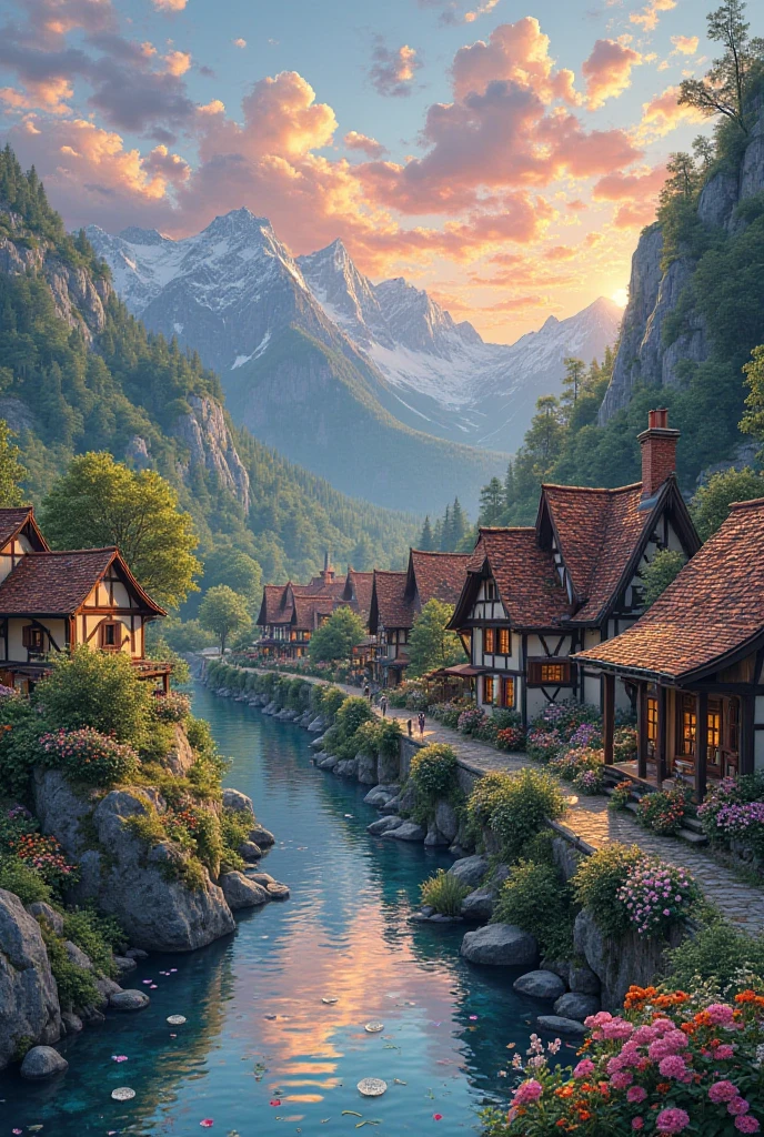  Small village by the river, mountains behind, colorful flowers, detailed landscapes, beautiful natural scenery, atmospheric lighting, scorching sunsets, warm colors, practical photography, detailed leaves, complex buildings, cobbled streets, charming country houses. Vivid colors, lush vegetation, reflection of water, ideal gorgeous pictures, 8k best quality artwork, very detailed, anime style