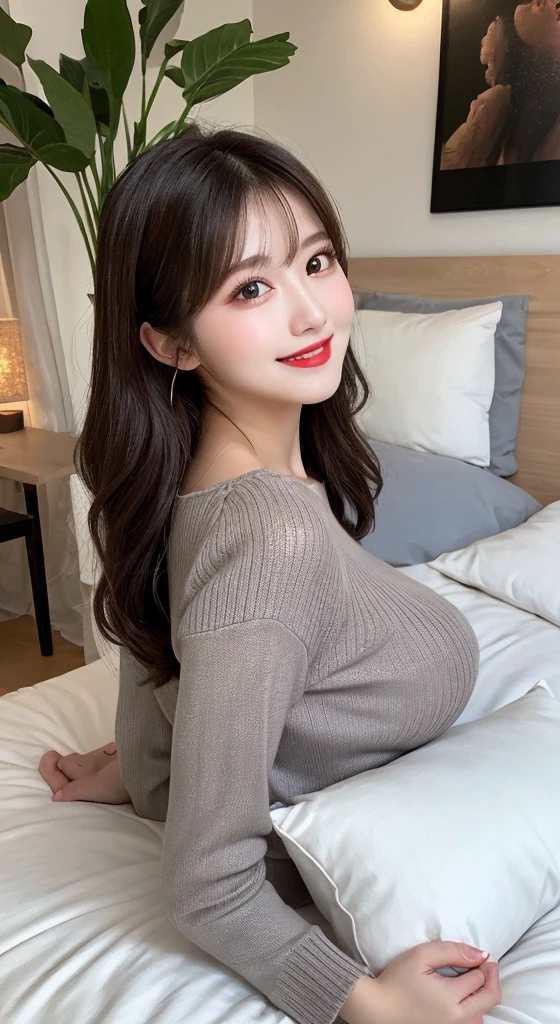table top, highest quality, shape, Super detailed, finely, High resolution, 8k wallpaper, Perfect dynamic shape, beautiful and detailed eyes, natural lip, long eyelashes, heavy makeup, smiling、sexy knit dress , big breasts, cleavage, random sexy pose, whole body、look away、look down