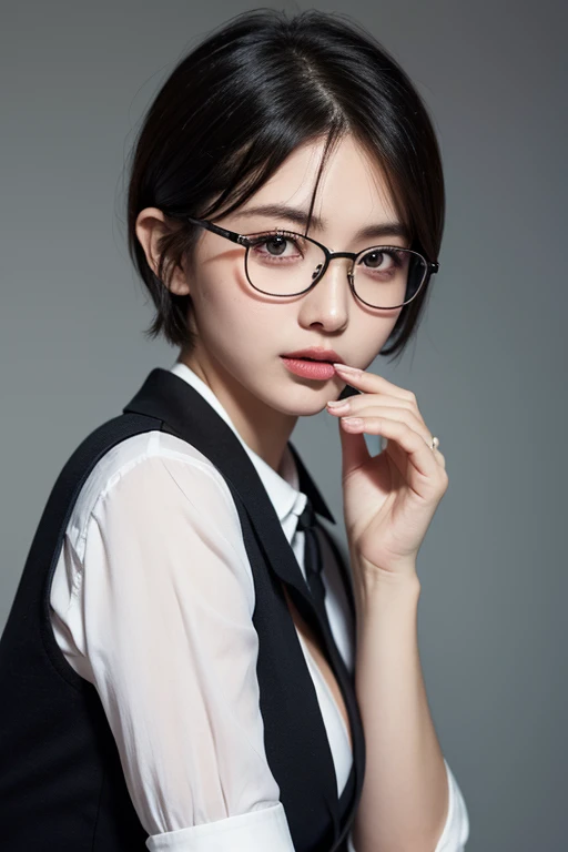 Highest quality，26 years old，woman，blunt bangs，Black Hair，Straight short hair style，Glasses with silver frames，With big eyes、Deep blue，Bright、Has a lively expression，Healthy and bright skin tone，Small mouth，Thick lips，The thighs are a little thicker，Looking at the camera，Cinema Lighting，Face enlargement