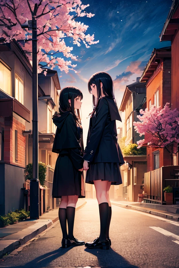 High image quality, high resolution, smooth gradation, vivid colors, a black cloak, a black student uniform, black stockings, black lace-up shoes, black hair, a high school girl, Spring, In the evening, two girls stand on a footbridge over a road, looking down at the streetscape, the headlights and taillights of passing cars, the lights of buildings and low-rise houses, and the cherry blossoms at the back of the street, shining purple in the light of the green street lamps.