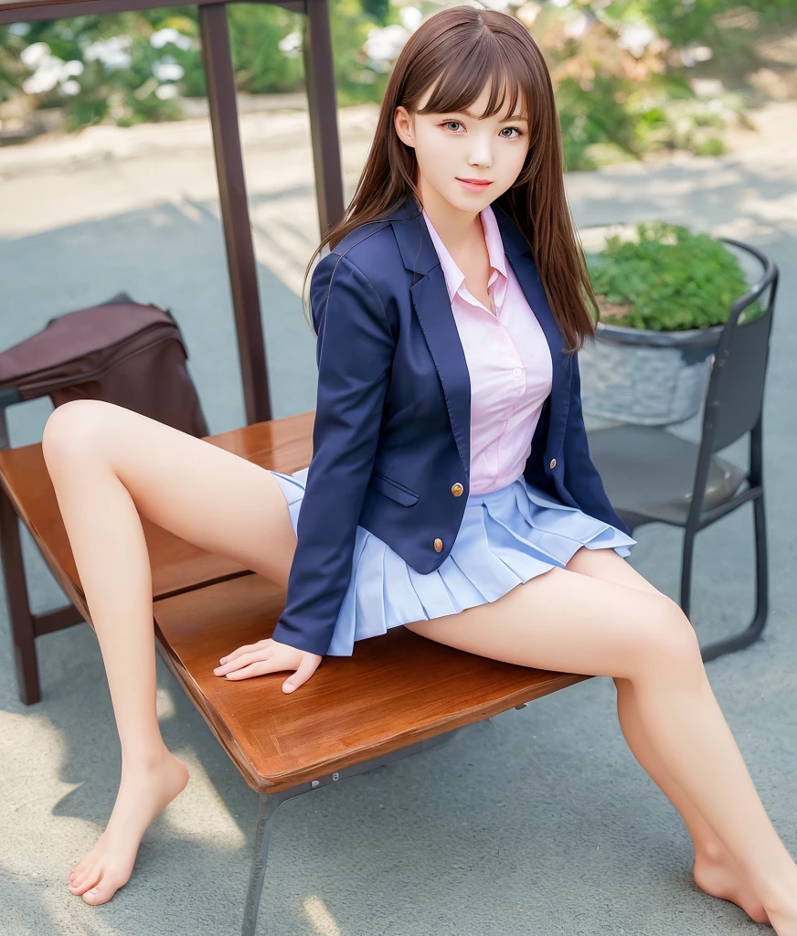 (8k, RAW photo, top quality, masterpiece: 1.2, realistic, photorealistic, high contrast, photon mapping, photon mapping, photorealistic, ultra-detailed, professional lighting, low angle: 1.2), (1 girl), (full body), (solo), (height is 165 cm), (18-year-old schoolgirl), (concert venue with 2000 seats), ( There are adult spectators around), (Japan high school uniform and designated shoes), (dark blue blazer: 1.2), (short plaid skirt: 1.5), (white shirt for students), (tie: 1.2), (sitting in the audience facing the front), (M-shaped legs), (100 degree legs), (crotch open: 1.2), (light brown medium hair), (see-through wet white panties: 1.5), (Camel Toe), (Black Loafers: 1.5), (Beauty Face: 1.3), (Perfect Proportions: 1.2), (Long Legs: 1.2), (Small: 1.3), (Panties Visible from Under Skirt: 1.3), (Female Clearly Visible: 1.4), (Pubic Hair: 1.4), (Without Panties: 1.2), (Textured Skin)