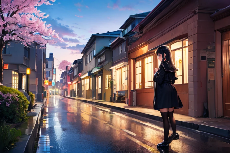 High image quality, high resolution, smooth gradation, vivid colors, a black cloak, a black student uniform, black stockings, black lace-up shoes, black hair, a high school girl, Spring, In the evening, two girls stand on a footbridge over a road, looking down at the streetscape, the headlights and taillights of passing cars, the lights of buildings and low-rise houses, and the cherry blossoms at the back of the street, shining purple in the light of the green street lamps.