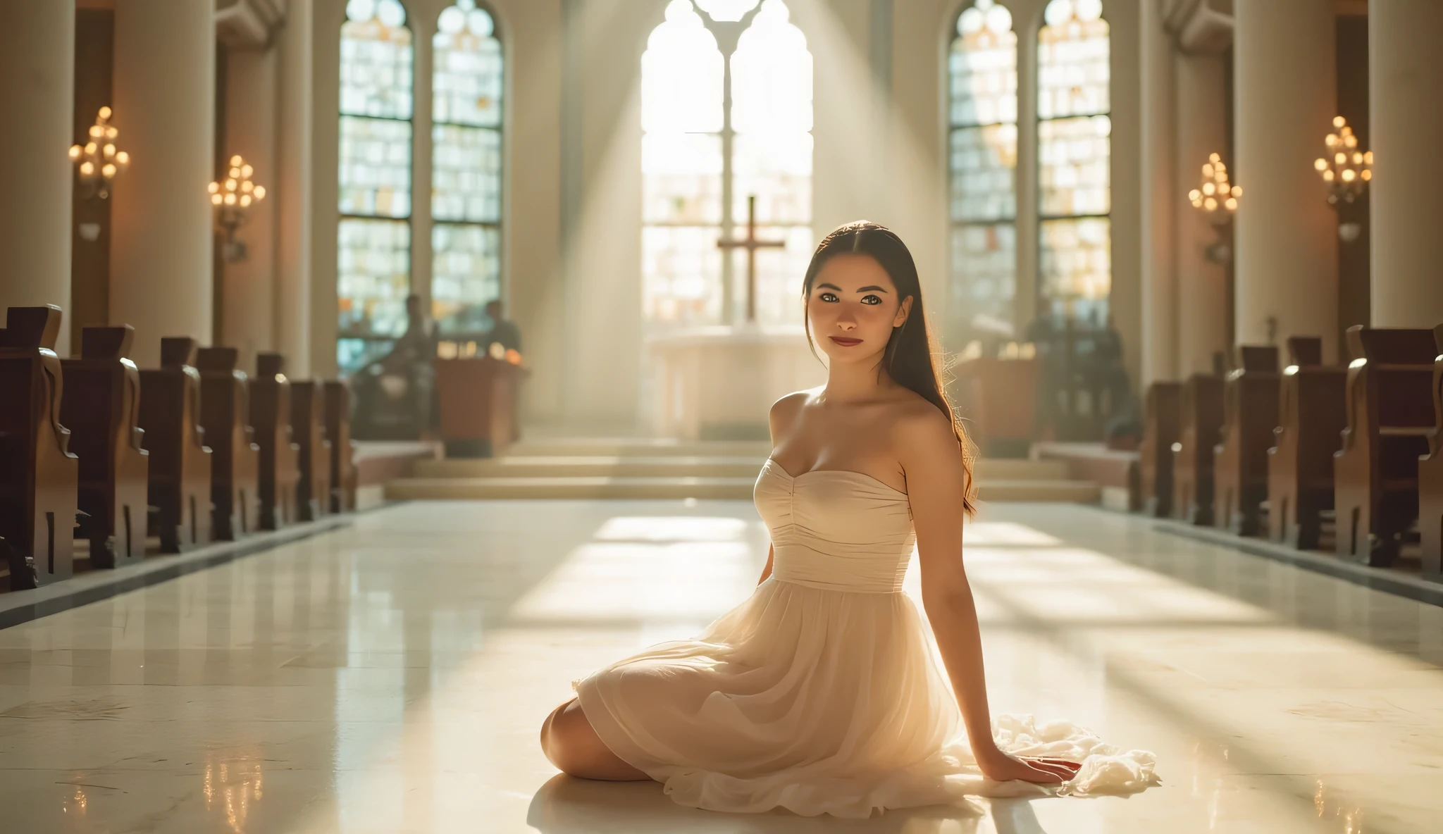 A beautiful young woman with fair, porcelain-like skin, flawless texture, kneeling gracefully on a glossy marble floor inside a majestic cathedral. She is facing the camera directly, her entire face clearly visible, making gentle eye contact. She wears a flowing, strapless, sexy dress. The space is flooded with divine, glowing white light from large stained glass windows. The atmosphere is ethereal, ultra-bright, heavenly and peaceful, with no shadows and soft focus. A pure, angelic scene.
--style: ultra bright, fair skin, glowing skin, divine light, cinematic, ethereal, soft glow, hyper realistic, full face, eye contact
--neg: tan skin, shadows, dark tones, looking away, back turned, hidden face, gloomy mood, dull lighting, cold hues, distortion