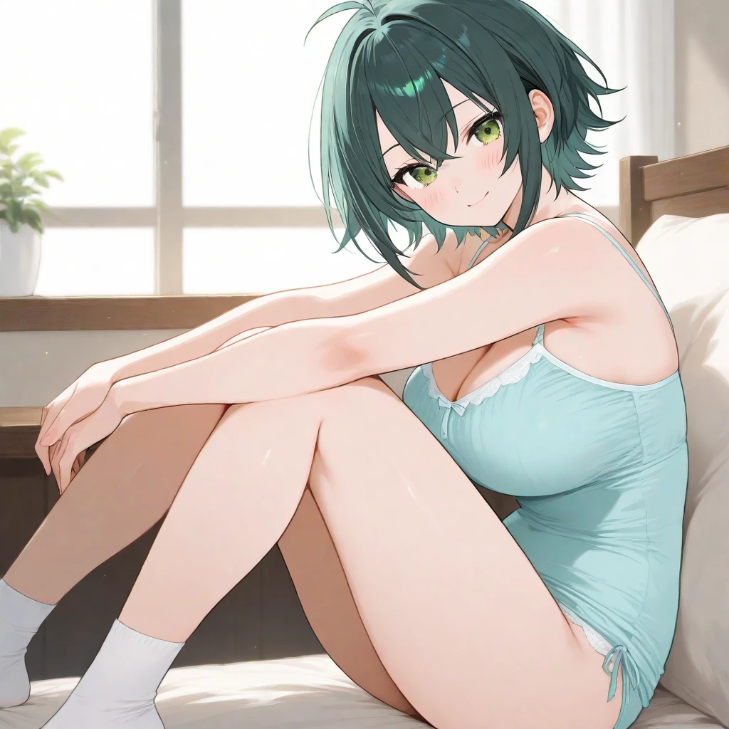 masterpiece,natsuiro matsuri,1girl,white skirt,orange jacket,black camisole with light green ribbon,green hair ribbon,open shoulder,navel,ahoge,brown hair,green eyes,side ponytail,small breasts,flat chest,evil smile,holo live, masturbation