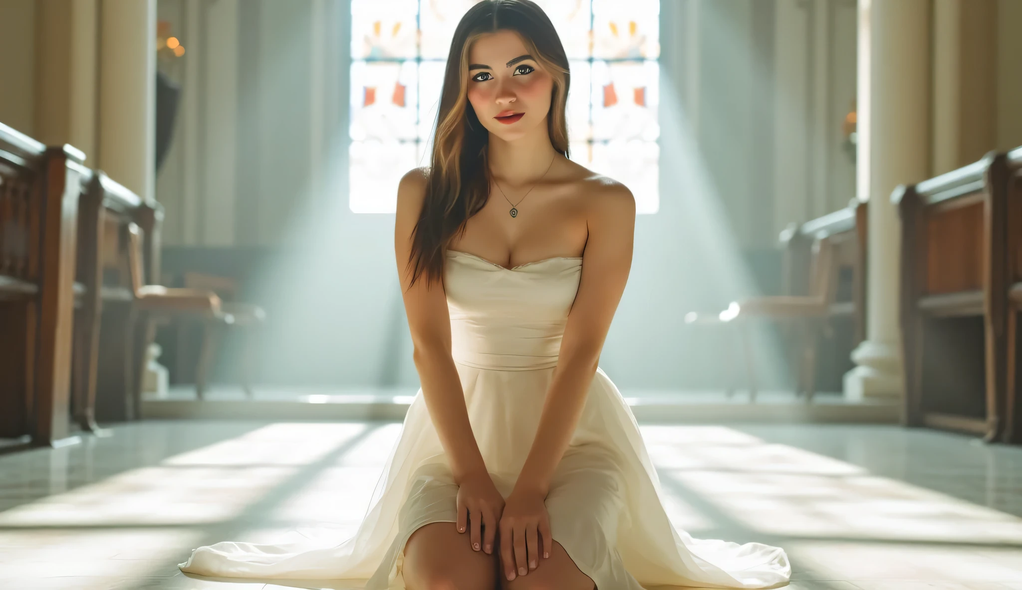 A beautiful young woman with fair, porcelain-like skin, flawless texture, kneeling gracefully on a glossy marble floor inside a majestic cathedral. She is facing the camera directly, her entire face clearly visible, making gentle eye contact. She wears a flowing, strapless, sexy dress. The space is flooded with divine, glowing white light from large stained glass windows. The atmosphere is ethereal, ultra-bright, heavenly and peaceful, with no shadows and soft focus. A pure, angelic scene.
--style: ultra bright, fair skin, glowing skin, divine light, cinematic, ethereal, soft glow, hyper realistic, full face, eye contact
--neg: tan skin, shadows, dark tones, looking away, back turned, hidden face, gloomy mood, dull lighting, cold hues, distortion