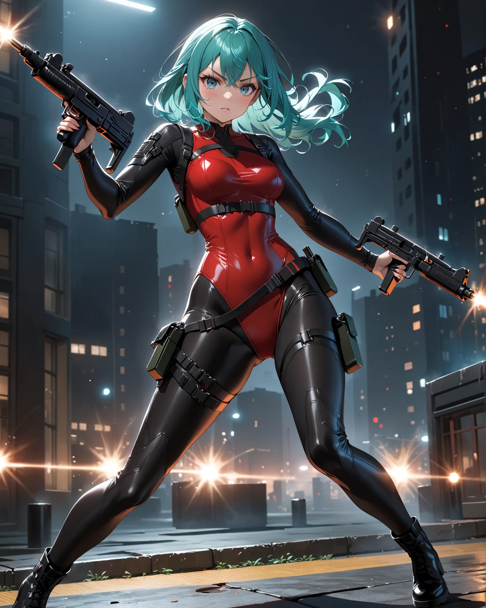 masterpiece, highly detailed, best quality, high quality, 1girl, (solo, solo focus), grey eyes, beautiful detailed eyes, beautiful detailed face, perfect hands, complete fingers, perfect anatomy, perfect proportions, long aqua hair, shooter, using Beretta 92FS, detailed shadows, detailed light, (black skintight bodysuit, red leotard, shoulder holster), (full black pantyhose, skintight black leggings), matching boots, full body, serious, full body costume design, dynamic action pose, nighttime.