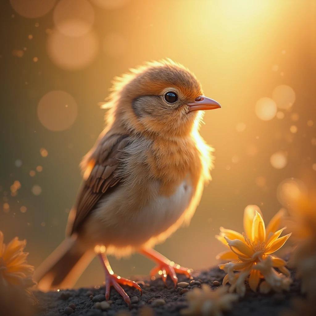 Un portrait en gros plan captivant d'un joli petit oiseau illuminé par la douce lumière dorée d'un matin tranquille, avec des boules de bokeh vibrantes encadrant délicatement sa forme délicate.