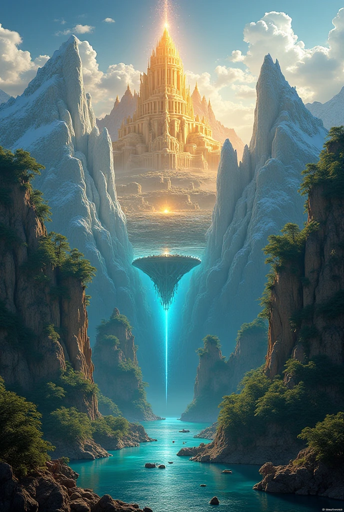 A Dreamlike Collage of Lost Worlds An epic, wide-view fantasy-style digital painting showing a blend of Atlantis underwater, a golden city in a jungle, snowy Himalayan peaks, a floating Valhalla, and a glowing cave representing Agartha—all merging into one surreal landscape.
