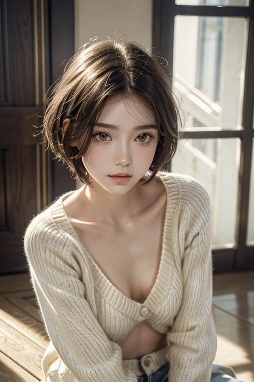 Fantasy. a girl, sitting, bare shoulders, detailed (((loose))) white sweater. large breasts, half body portrait, ((looking at away)), stunningly beautiful, mint bob hair, blush, humble, table, home, hands. highly detailed. Cinematic lighting, (nsfw:1.27)