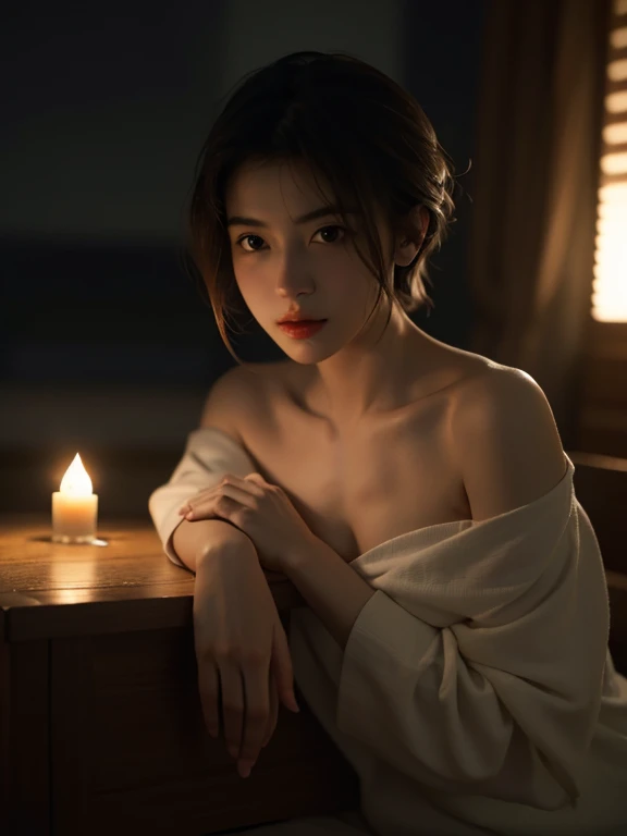 1 girl, bare shoulder, faint smile, shiny skin Best quality, masterpiece, (Realistic: 1.4), knitted watermark, large, dark, night, orange Pale lighting, shadow, shadow, low light