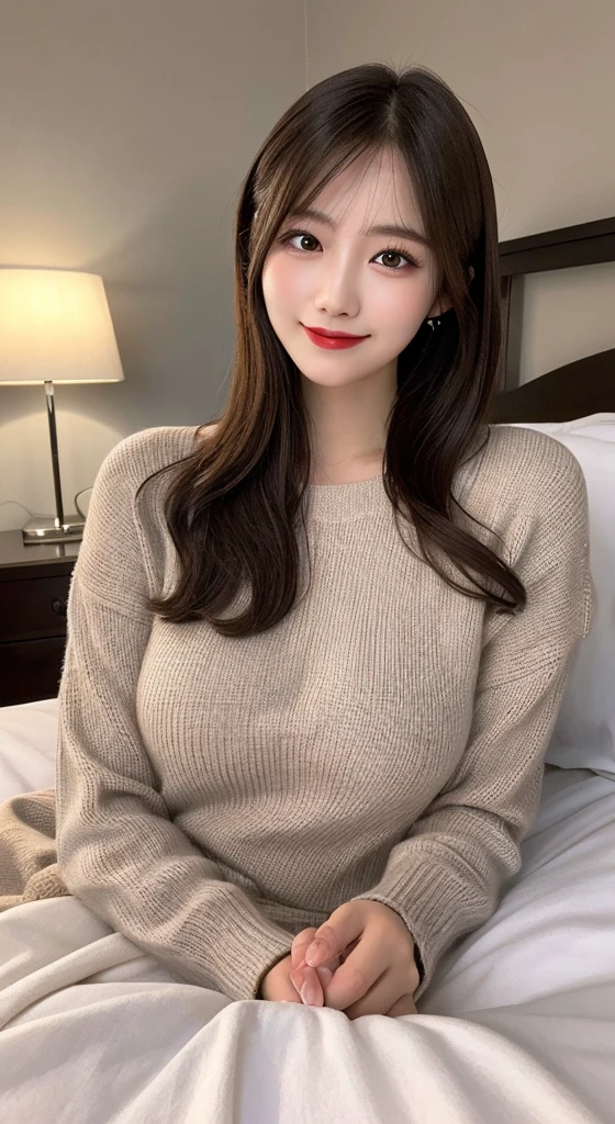 masutepiece, Best Quality, Illustration, Ultra-detailed, finely detail, hight resolution, 8K Wallpaper, Perfect dynamic composition, Beautiful detailed eyes, long sleeve knit and long skirt,Medium Hair,Small breasts natural color lip, Randomly sexy poses,Smile,bedroom、20 years girl、Cute、Sexy shot looking at camera,Slender face,Slender body,Shooting from above,Kamimei