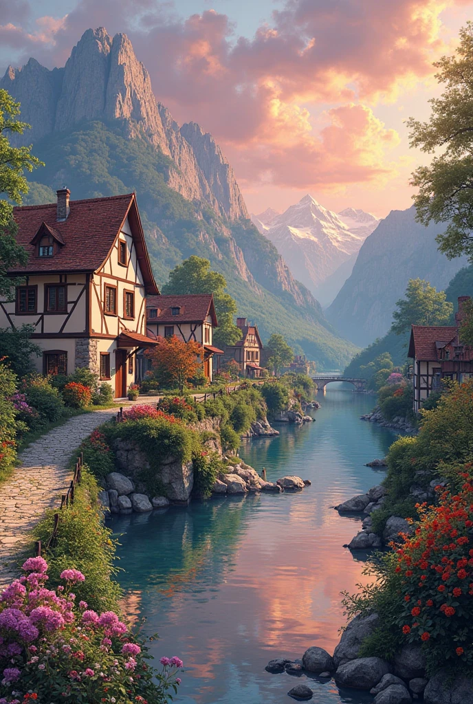 A small village by the river, mountains in the background, colorful flowers, detailed landscape style, beautiful natural scenery, atmospheric lighting,  scorching sunset ,  warm colors, practical, photographic, detailed foliage, complex buildings , cobblestone street, charming country house, vibrant colors, lush vegetation, reflections in the water, pitoresco, idyllic, work of art, Best Quality, 8k, extremely detailed, anime style