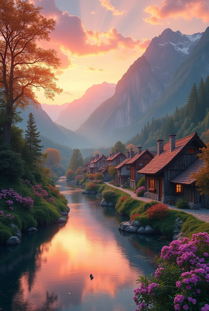 a small village by the river, mountains in the background, floral flowers colorful, detailed landscape, Beautiful natural landscapes, atmospheric lighting, scorching sunset, warm colours, practical, photopractical, Detailed Foliage, complex buildings, cobblestone street, Charming country house, swirly vibrant colors, lush vegetation, Still water reflections, Picturesque, idyllic, work of art, best qualityer, 8k, extremely detaild,anime styling