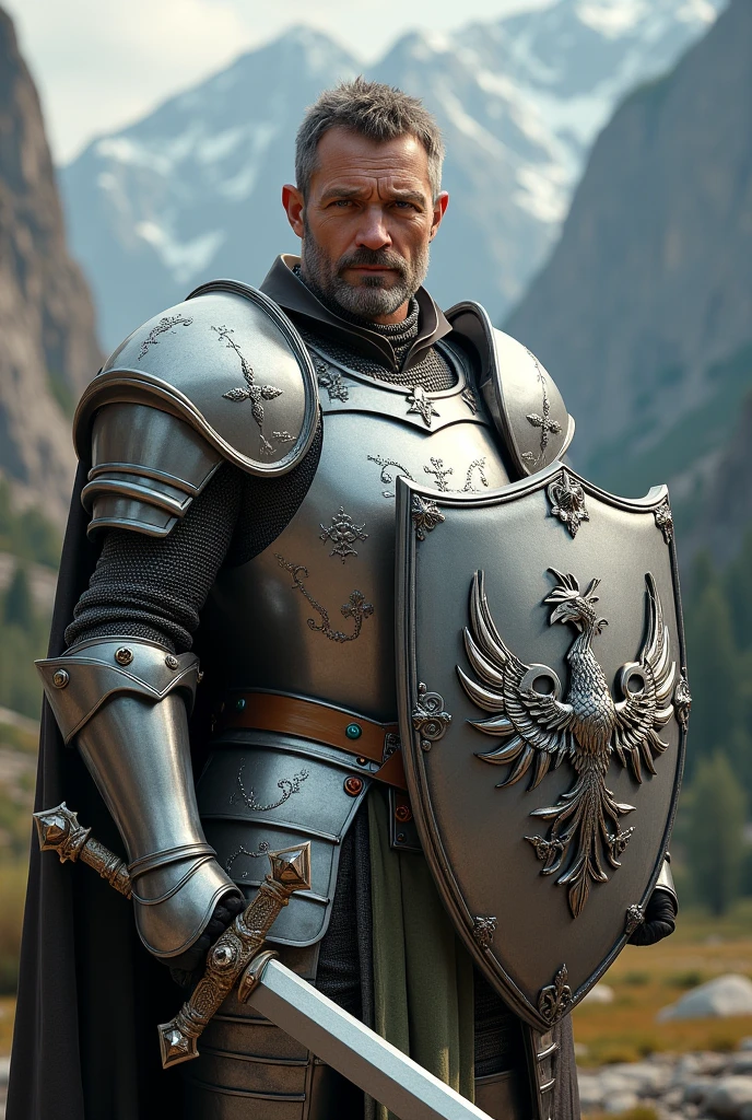 Draw a devoted gentleman, a silver armor , an ornate long sword worthy of destroying beasts, He wears a large heavy shield, And his badge is that of a Phoenix 