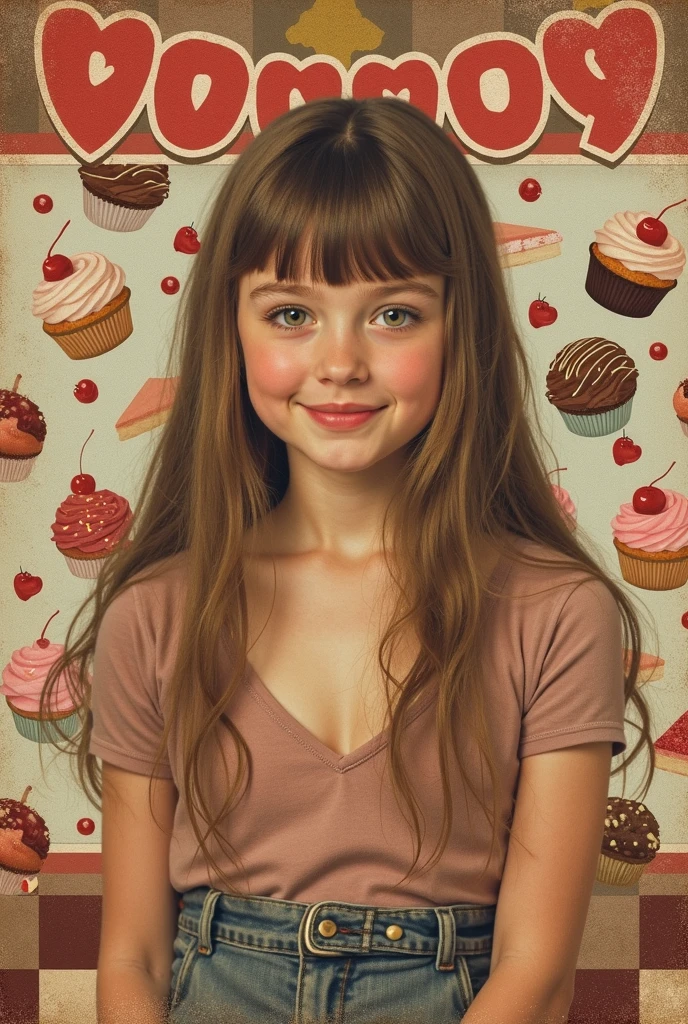 Mr.々Collage art combining pictures of sweets、Picture of a girl smiling in the center、Overall retro texture