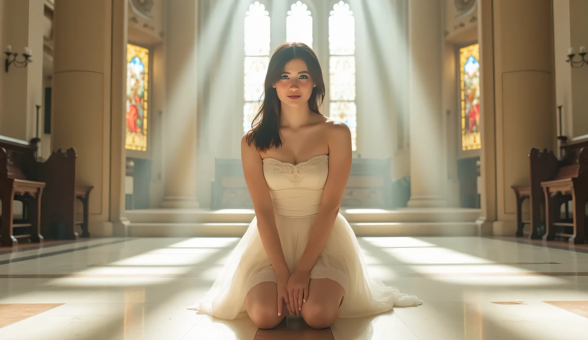 A beautiful young woman with fair, porcelain-like skin, flawless texture, kneeling gracefully on a glossy marble floor inside a majestic cathedral. She is facing the camera directly, her entire face clearly visible, making gentle eye contact. She wears a flowing, strapless, sexy dress. The space is flooded with divine, glowing white light from large stained glass windows. The atmosphere is ethereal, ultra-bright, heavenly and peaceful, with no shadows and soft focus. A pure, angelic scene.
--style: ultra bright, fair skin, glowing skin, divine light, cinematic, ethereal, soft glow, hyper realistic, full face, eye contact
--neg: tan skin, shadows, dark tones, looking away, back turned, hidden face, gloomy mood, dull lighting, cold hues, distortion