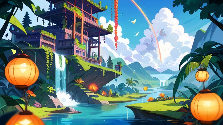 A spectacular fantasy landscape with magnificent waterfalls flowing from high cliffs, is surrounded by a dense tropical forest. A crystal blue river flows in the center, with green mossy stones on its surface. A colorful twilight sky with orange gradations, ungu, dan biru,  creates a magical atmosphere . The glow of a fluorescent firefly in the air, while the plants glow purple, hijau , yellow and red lights grow on the banks of the river. Mystical atmosphere with fine mist around the waterfall and soft light that envelops the landscape.