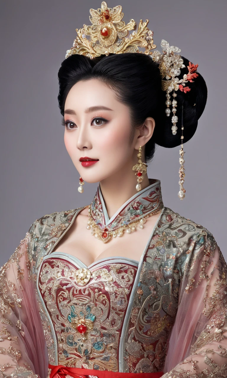 An authoritative a true scene of a breathtaking beautiful and celestial and majestic chinese lady resembling fan bingbing who is an honorable royal queen of china with large elegant, hawk-like-nose, who embodies old fashioned class, sophistication, elgance as well as wholesome, natural beauty. curvy, thin-waist, wide-hips, swaying-hips. Laura Vandervoort. Insnely Oppulent and majestic sequined square neck historically accurate victorian coronation multi layered tulle huge and long ancient hanfu or any ancient traditional dress of china with long tulle floating sleeves and a hint of seductive cleavage and it must be fancy like an aged empress, the beauty of her face is devilishly high and hypnotic and her eyes are like pearls with wicked smile. It is a promise of seduction as her huge breasts swirls out and makes you to edge on your orgasm, striking evil makeup with pure red lipstick that tempts to look more and more and feel scorned and humiliated by her beauty. she is in her coronation ceremony. hint of seductive cleavage makes men to submit to her. her hairstyle is a royal puffy huge Thick updo. her gaze is seductively dominant and powerful and majestic with intense charismatic. you will be forced to look at her seductive cleavage and aroused and kneel and then prostrate and worship her. the way her gaze shows and whispers: ‘Kneel and worship me my servant and show your humility as a good slave.’if you watched at her you must immediately kneel and prostrate and if you don't, you shall feel extremely horny by the hint of her seductive cleavage a burst into a huge orgasm. she will force you to kneel and prostrate at her like a god whether you like it or not. you will feel possessed by her bewitching beauty and voluptuous power and she will force you to kneel and prostrate at her like a god whether you like it or not. you will feel possessed by her bewitching beauty and voluptuous power and she sees that you will be forced to kneel with her possessive power of her
