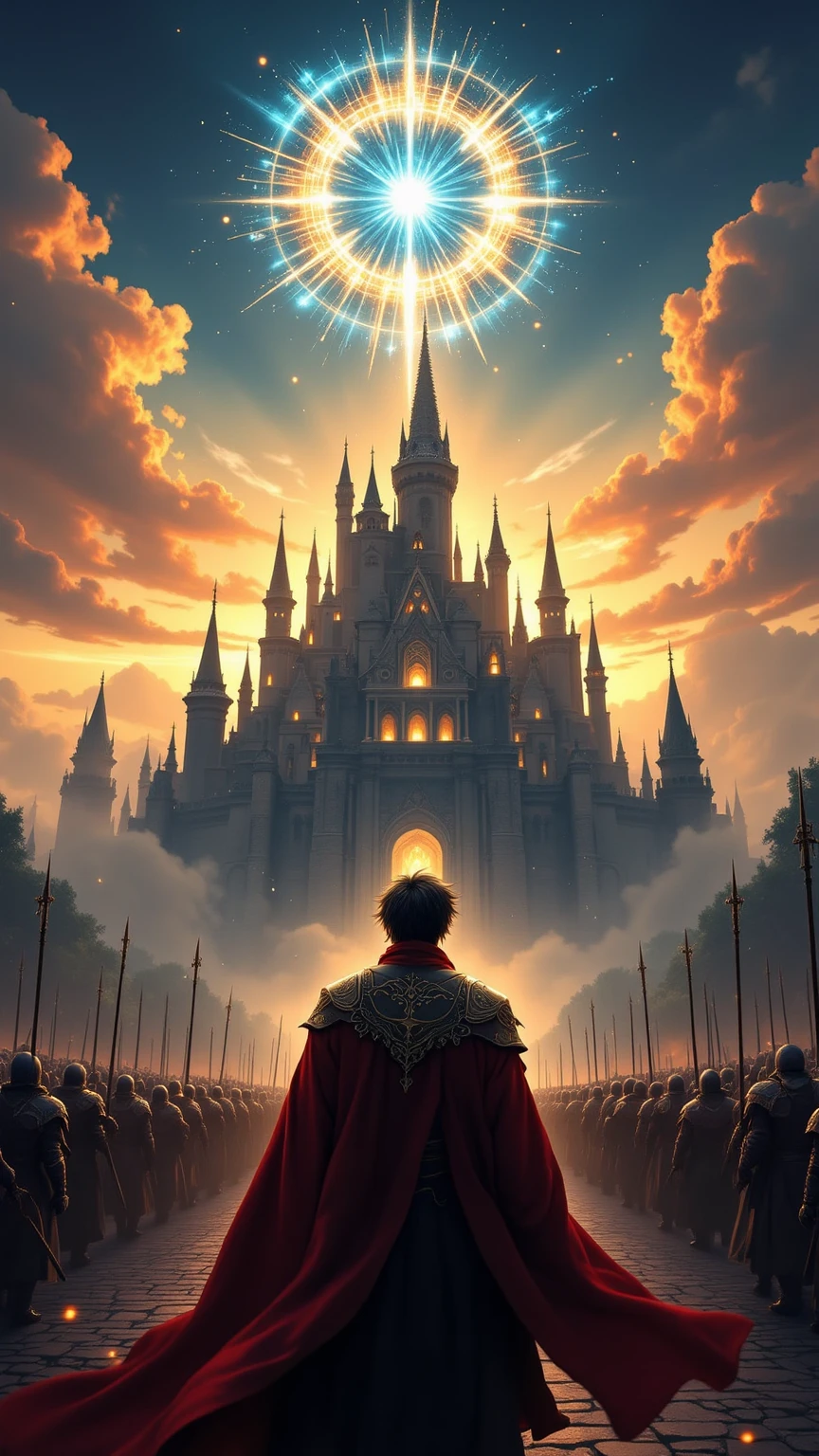 animation "Only I can level up to the Lord's Realm", The protagonist Sung Jin-woo, Summoning soldiers to the domain of the monarch, precise description, Realistic, 3D,  Magnificent Castle , Burning Sky, Sparkling Magic Circle, Soaring Clouds, Tense Background, dramatic lighting, Realistic Texture, hyperrealistic, high res, 4K, HDR, professional-grade