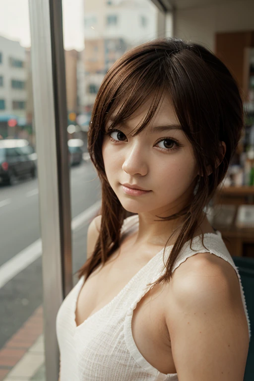 (8k、Raw photography、top-quality、masterpiece:1.2)、(realisitic、Photorealsitic:1.37)、Ultra-detail、超A high resolution、1 person、see the beholder、beautifull detailed face、A smile、Constriction、(Slim waist) :1.3)、Sky blue dress、Beautiful detailed skin、Skin Texture、Floating hair、Professional Lighting、Waiting for the train、Rimmed glasses、Whole human body、Brown hair、Very large breasts、sweating、