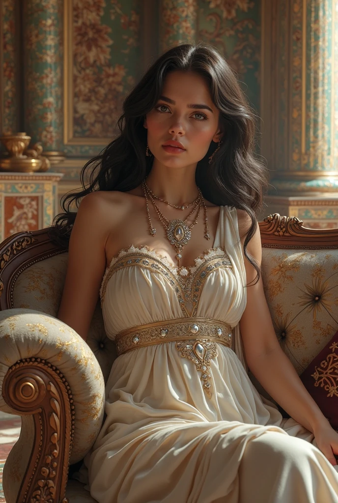   Pretty Girl Jump                      、                   ancient Greek costume  、             、Inside the palace、  Lying on a luxurious sofa              