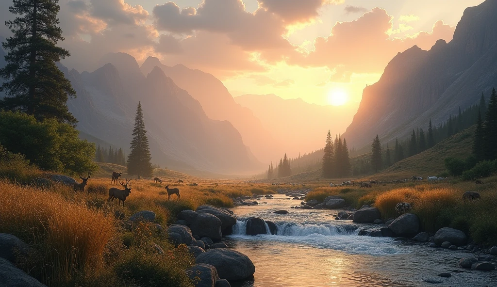 Ambiente:
A vast natural landscape at dawn. The sky is tinged with golden hues, says, reflecting on the peaks of the mountains and the waters of a serene river. It's a moment of profound peace and beauty.

Key Elements:

Open skies with clouds that move smoothly, like “an extended cloak”, recalling the verse “It is covered with light like a cloak; extends the skies like a tent” (v.2).

Impressive mountains and deep valleys, shaped by divine hands (v.5-8).

Crystal clear waters flowing between rocks, with small waterfalls , symbolizing “the springs that flow between the mountains” (v.10).

Animals in harmony:  deer drinking water , birds singing in the trees, lions resting after the hunt Nocturnal, sheep grazing quietly (v.11-12, v.21-23).

lush vegetation: tall trees like the cedars of Lebanon (v.16), wheat fields and vines (v.14-15), wild flowers everywhere.

The starry sky in the background , as the scene progresses to dusk, with the moon rising and the stars shining, As the pink and blue psalm: “He made the moon to mark the time; the sun knows its sunset” (v.19).

Atmosfera:
Soft sounds of nature — the singing of birds, The Wind In The Leaves, — they mix with a divine golden light that emanates from everything, transmitting the feeling that the whole The sound of flowing water is alive and in adoration.