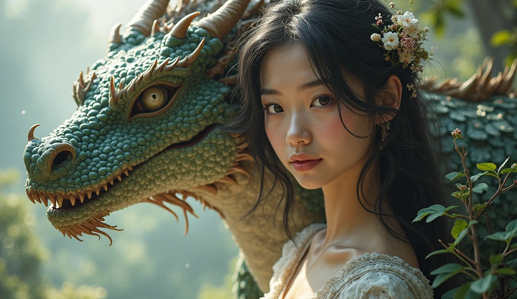 create game character who is beautiful eyes cute face 24 year old woman, with black hair normal woman body, face is asian and european mixed. and she have dragon as pet