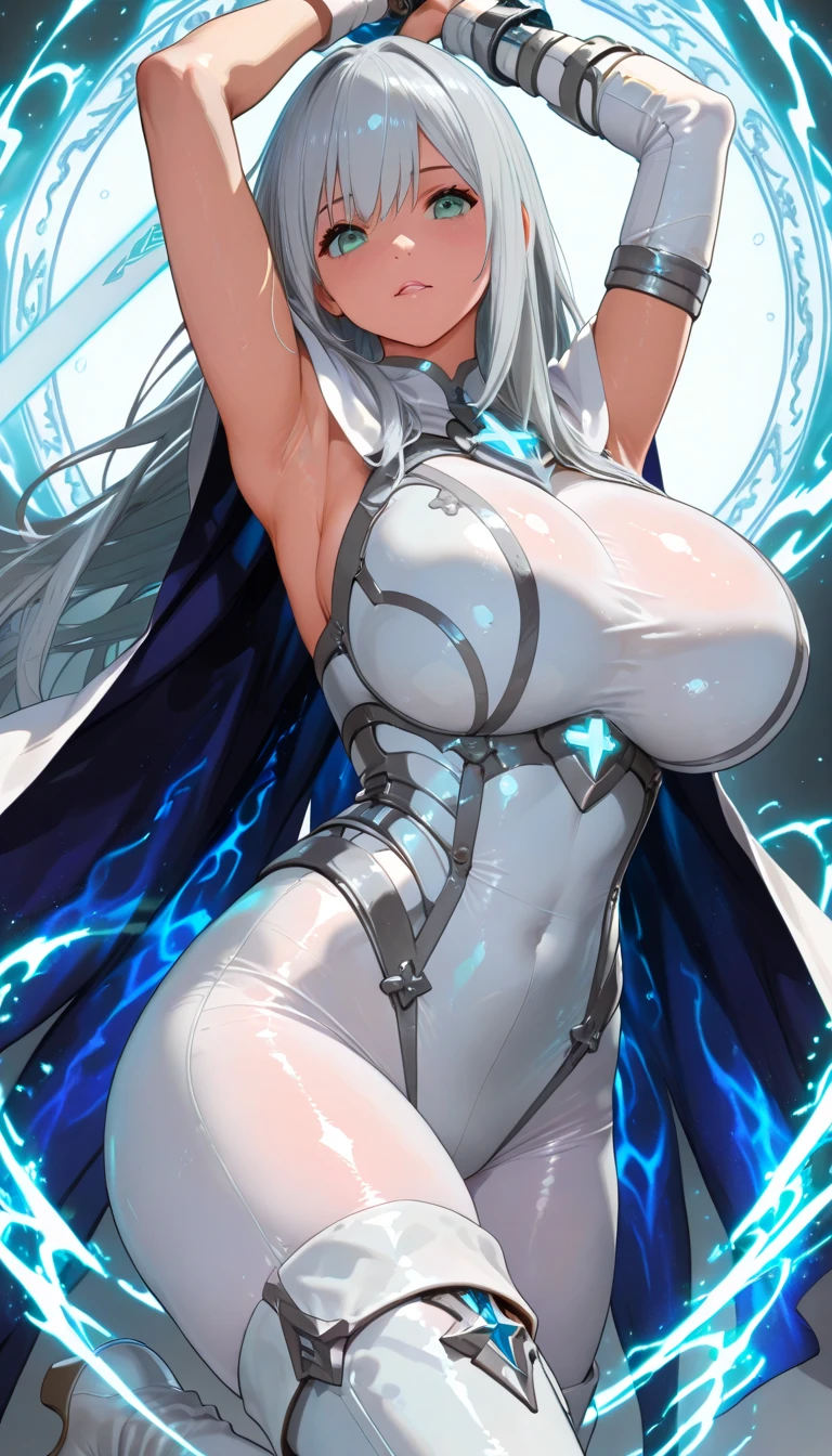 (((masterpiece))), (((best quality))), ((ultra-detailed)), (illustration), ((an extremely delicate and beautiful)), ((super detail)), ((high resolution)), (((nsfw))), ((cybernetic)), (futuristic), (seductive), (((erotic))), (((20 years old))), (pussy juice), camel toe, (maid), (android), delicate metal decorations, gleaming skin, shiny body, two legs, ((((female masturbation)))), breast focus, ((tall)), slender legs, ((big round eyes)), cute eyes, drooping eyes, biopunk, ((adult)), in stasis tank, two hands, in suspicious broken laboratory, five fingers, no extra hands, seductive smile, single side braid, shoulder length hair, ((slender)), ((metallic transparent slime suit)), hair shorter than waist, ((right hand on the clitoris and left hand on the breast)), soaking wet, topless, (((ultra-huge breasts))),