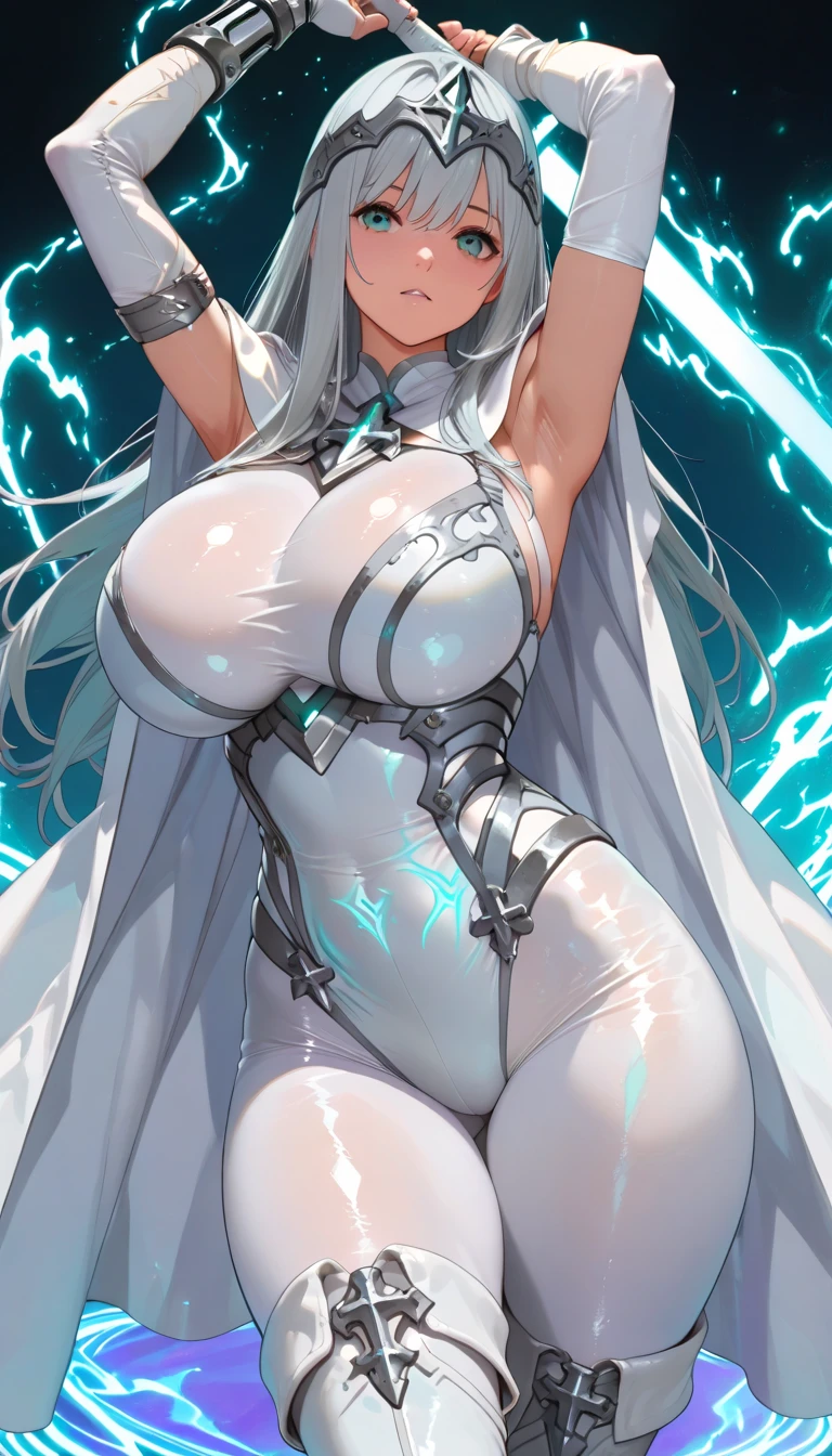 (High resolution, sharp, fractal), 1 female, Super Glowing Skin, Magic Knight, (Groin tattoo:1.1), Head visor, Orange and white outfit with exposed nipples,18-year-old, A face of joy, big,