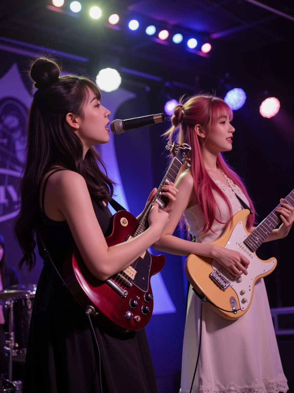 (8k, RAW photos, best quality, masterpieces, : 1.2), (realistic, photorealistic: 1.37), idol group of beautiful Japan girls, beautiful detailed eyes, iridescent hair, vivid colors, ( ( 5 girls, group photo: 1.5)), absurdity, top quality, striped hair, colorful idol dresses, idol singing costumes, stage lighting, live venue, stage Spotlights, ultra-high resolution, physically based rendering, cinematic lighting, dynamic angles