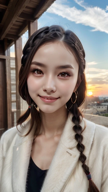 (((upper body shot))),(((fullnude))),(((nipples))),Ultra-high resolution,big eyes,((brown eyes)),Japanese,(a girl),(1 girl),((17 years old)),(cute),pretty,((facing at viewer)),(arms behind back),grin,(((dark sky))),(((night)))