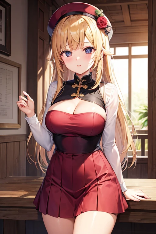 masterpiece,best quality, solo, 1 girl, female figure, yellow hair, hime cut, blunt bangs, extra long hair, crystal blue eyes, sharp detailed eyes, white pantyhose, indoors library, golden blonde hair, cowboy shot, voluminous hair, wavy hair, cute girl, (medium small breasts), (young female body: 1.4), lapel dress, long red lapel dress, old fashioned dark red lapel dress, pantyhose,