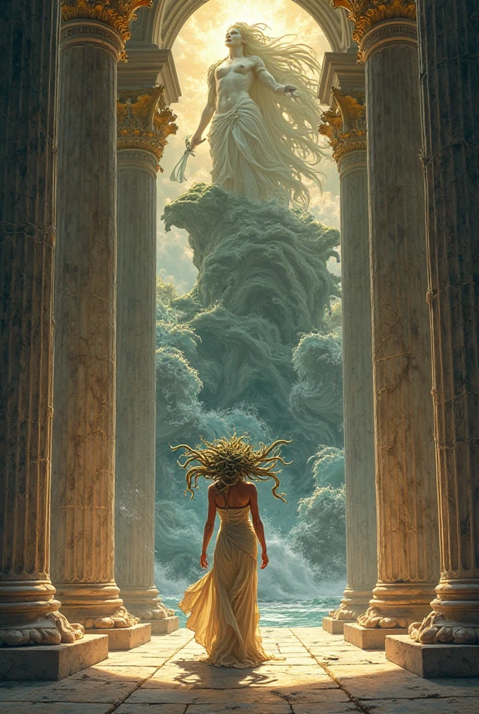 Prompt:
"Inside an ancient, grand Greek temple with towering marble columns and divine golden statues, Medusa, a beautiful maiden with flowing hair, stands terrified and broken. The sea god Poseidon, powerful and imposing with a trident and waves swirling around him, looms behind her after violating the sacred space. The air is tense and tragic. In the background, the goddess Athena appears above, glowing with divine rage, her eyes filled with disappointment and fury—not at Poseidon, but at Medusa. The scene is dramatic, emotional, and mythological, filled with injustice and divine power. Classical ancient Greek art style, rich lighting and shadows."

Would you like this illustrated in a realistic, anime, painting, or another style?