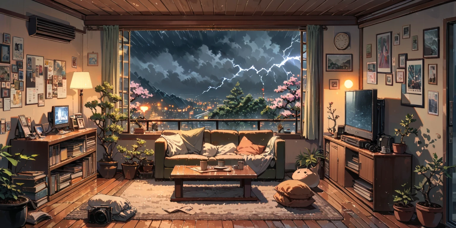((anime:1.4,Illustration )),(masterpiece, standard, face),(photos, absolute resolution),((16k, high resolution)), ((( Balcony , cherry blossoms , night sky, night scene, bonsai , book, coffee table, sofa )) ((cozy lofi Illustration :1.4)), ((anime:1.4, Illustration )),(masterpiece, standard, face),(photos, absolute resolution),((16k, high resolution)) BREAK { Lofi Art , style by Laurie Greasley, Makoto Shinkai style, anime style}, BREAK { (creates informative images over 40 million pixels with detailed textures like cinema captured with Sony SLR cameras), Thunderstorm, heavy rain