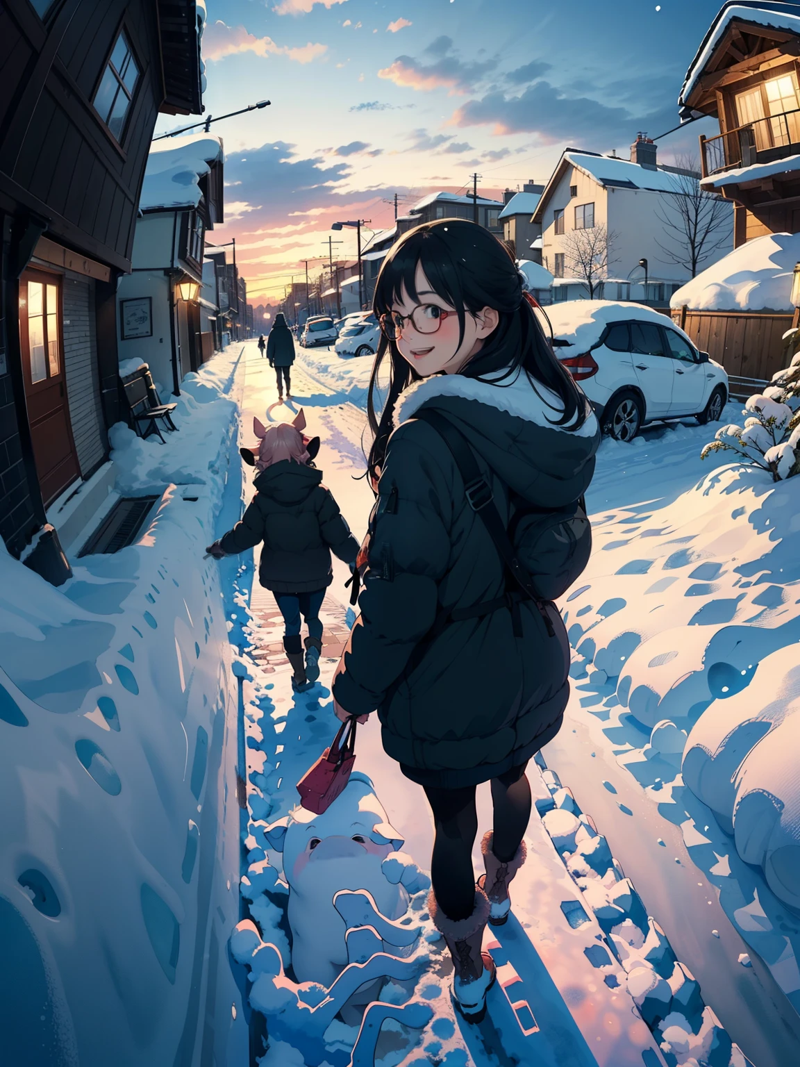 masterpiece，  high resolution，(  cute female pig   ， Flat shade   )，    person with stylish glasses    ，  beautiful black hair ，   Fisheye Lens  ， cute young mother and cute daughter   people looking down on the winter city from the park garden   :1.2，  warm muffler  ，   bomber jacket   ，(  naked even from behind)，  long hair，tights，  boots，smile, smile，   white breath ，fun, play，   people looking down on the winter city from the park garden   ，   Snow Scenery   ，Winter Sky， dusk ，  beautiful sunset，Wide angle，  bright color，watercolor，  Ghibli style  ，Strong winds，  girl temptation ，  girl &#39;Lure，