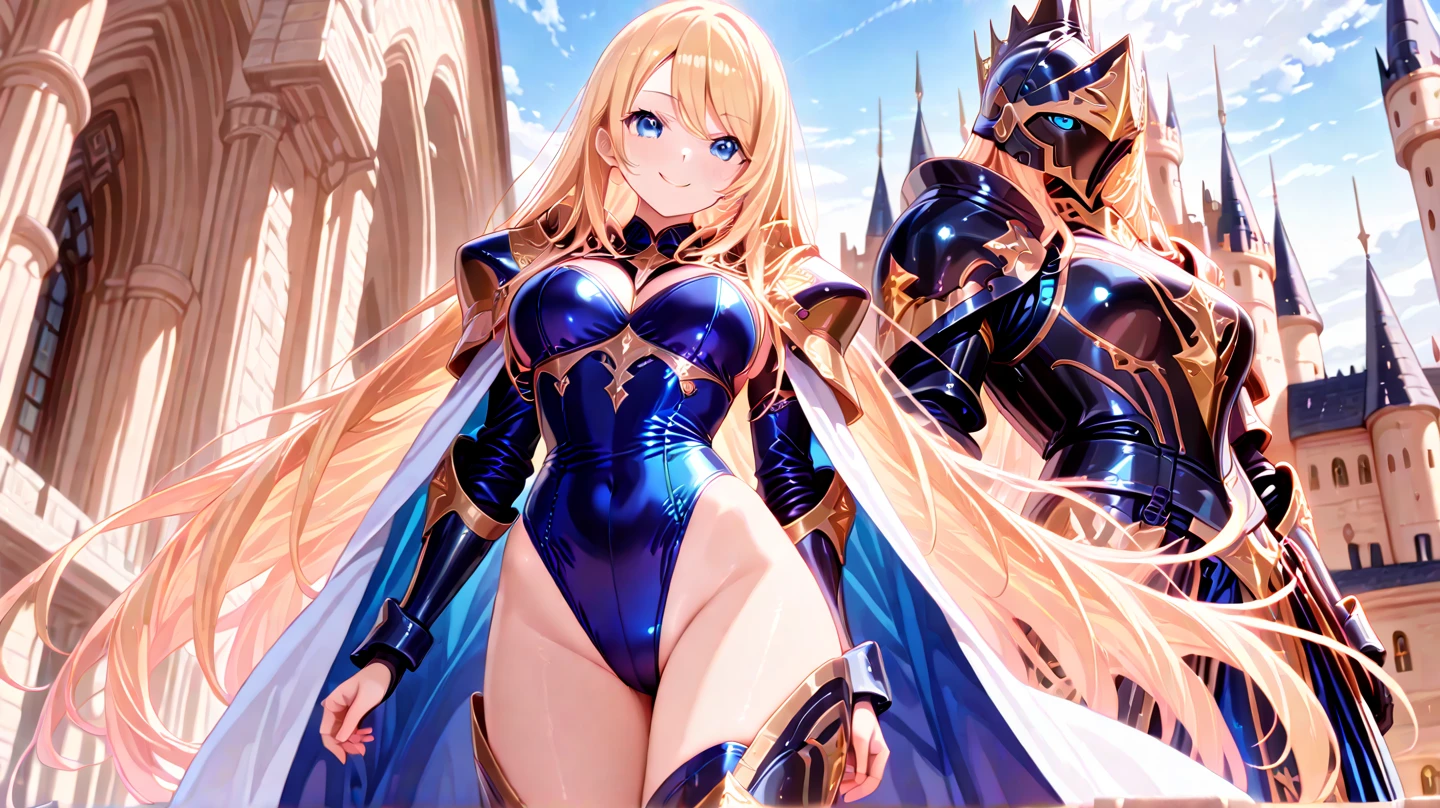 Blonde with huge breasts，Queen，Knight armor，blue skirt，thigh，,castle