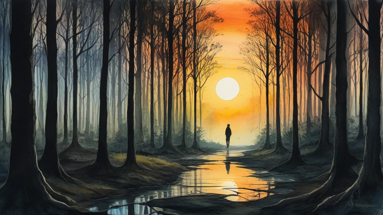 A person walking through a forest at sunrise, having a moment of reflection.surrealist art style combined with smudged watercolor paint. The scene is a bit dark.