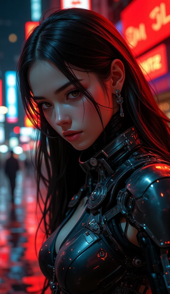 Cyberpunk Seoul at night, dark urban background with neon lights reflecting off wet streets, red ambient lighting glowing around but not directly on the face, casting dramatic shadows and deep facial shading, close-up of a beautiful female GANTZ agent with brown eyes, intensely focused on a floating holographic map, long straight hair partially flowing out, neck fully covered in a thick mechanical suit, heavy mechanical shoulder armor, shoulders aligned and facing directly forward, visible up to the top of the shoulders, highly detailed and realistic textures, tense and cinematic sci-fi atmosphere