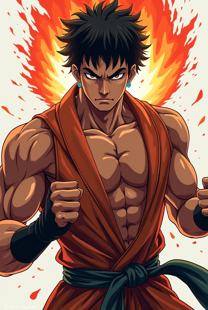 high res, muscular build, lean form, ripped physique, (face detail: Ryu), (masterpiece:1.45), pure white background, flat background, black eyes, evil eyes, anime art, detailed CGI 8k wallpaper, pure white background, flat background, dragon circle background, (1boy), fists clash, angry expression, pure, detailed eyes and face, Japanese style art, (ink splash art:1.0), golden armour
