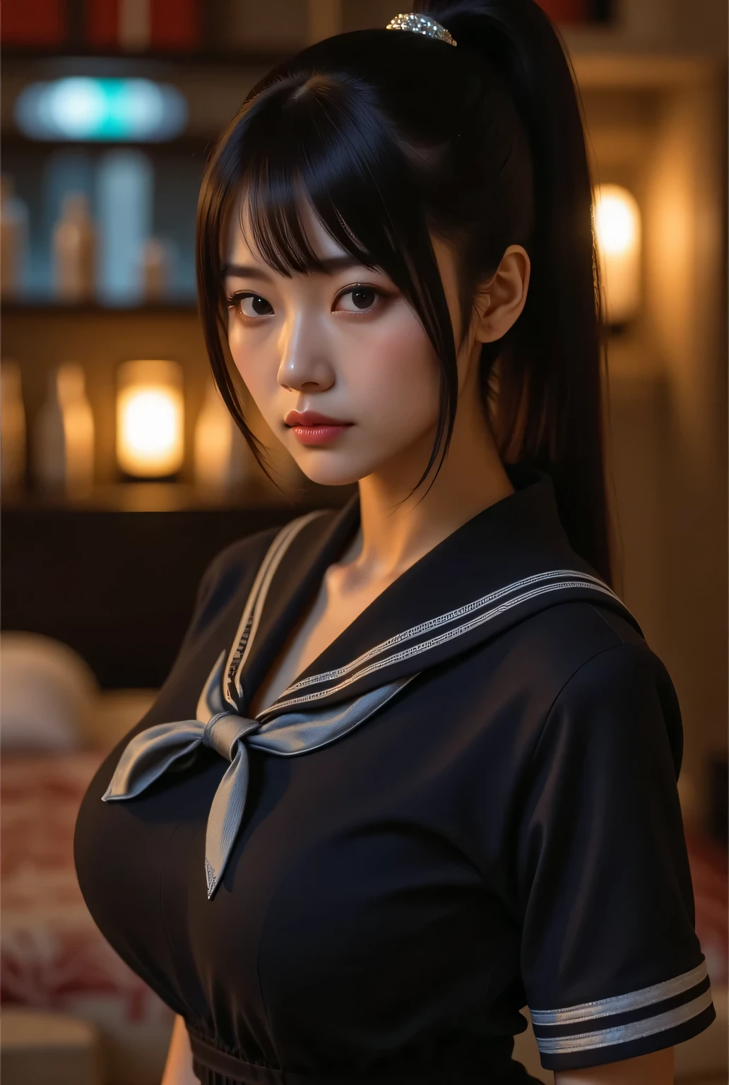 Highest quality, photo realistic, high resolution, masterpiece,
Super beautiful Japanese mature woman, 50years old, her job is a masseuse, looks like a intimidating dominatrix, closed mouth, condescending gaze, charm with gaze, staring at the viewer, long false eyelashes, makeup, short ponytail, big breasts,
Sailor uniform, sailor costume, tight-fitting short sleeves, pleated skirt,
Dimly lit high-end massage salon with an adult atmosphere late at night, massage bed, lotion bottles lined up on wall, detailed background
Candle lighting, easy-to-see color lighting, colorful to keep.