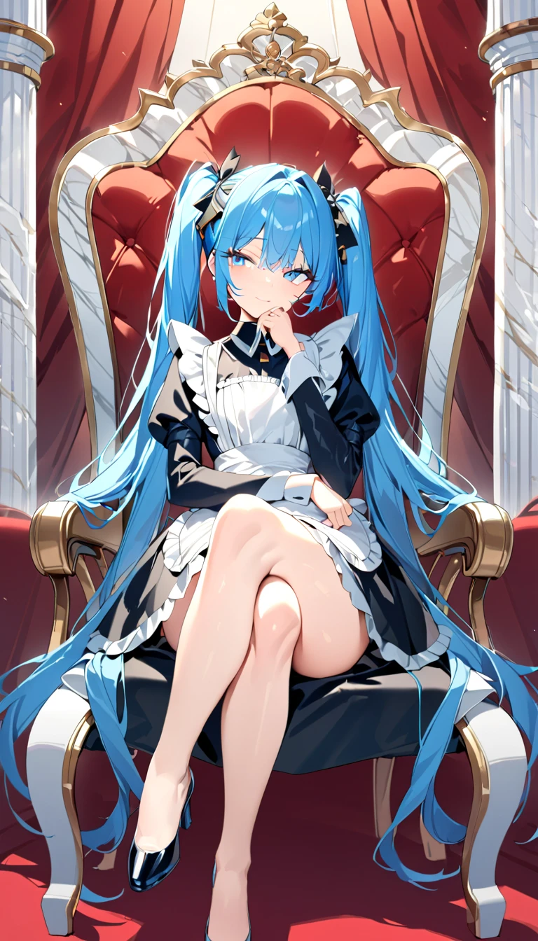 One girl, alone, Long Hair, blue eyes, Blonde, Crown, Sitting, pantyhose, dress, bow, card, apron, hair band, playing card, View your viewers, Short sleeve, hair bow, blue hair band, smile, blush, put your hand on your face, blue dress, Alice (Alice in wonderland), Hair between the eyes, Chair, black pantyhose, blue bow, Throne, Puffy sleeves, Put your hand on your cheek, bangs, puffy Short sleeve, ribbon, very Long Hair, mini Crown, The legs are detached from the frame, Frills, white apron, :q, masterpiece, highest quality, (((Lift up your skirt, White panties, Camel Toe))),
